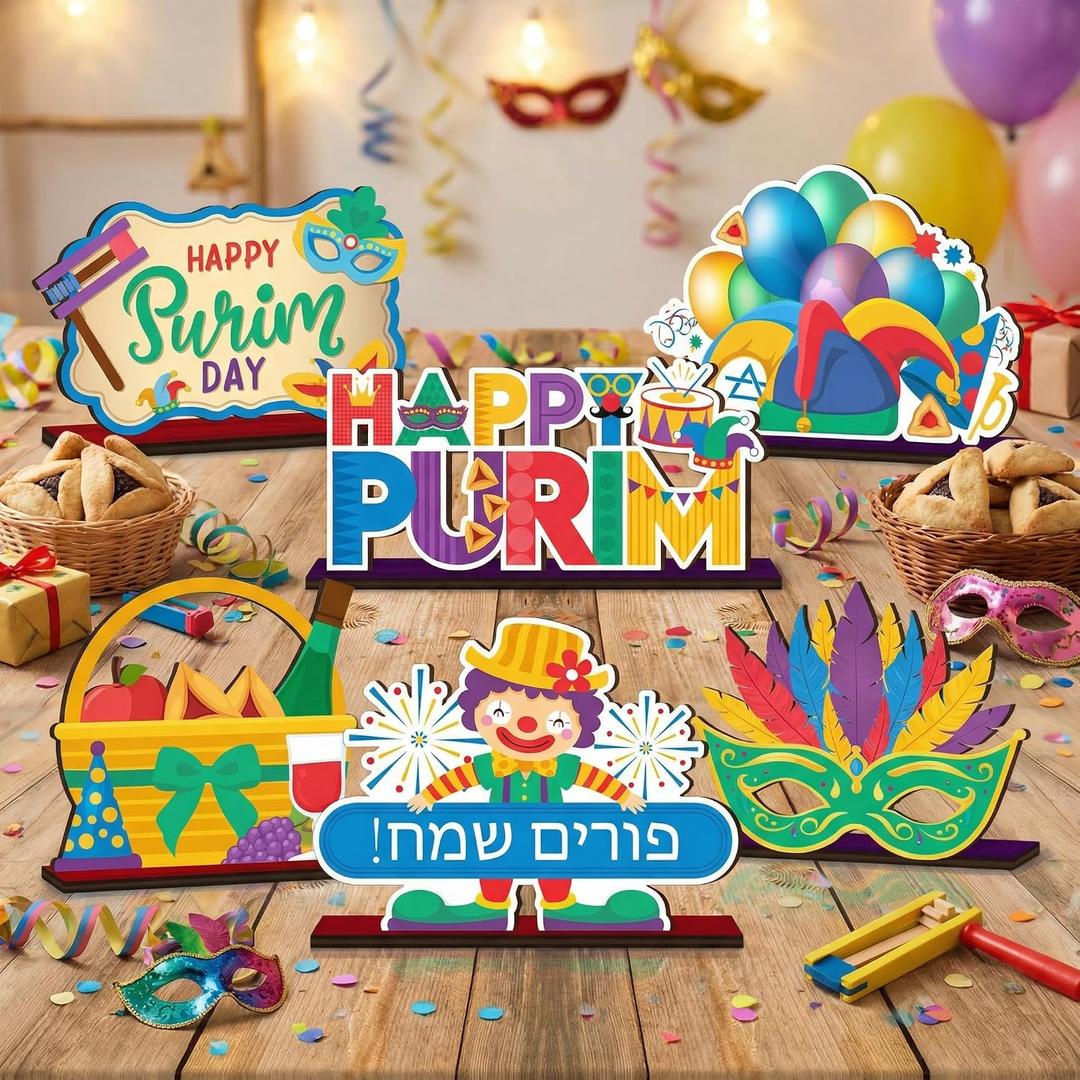 CroBlissful 6 Pcs Purim Table Decorations Signs Wooden Tabletop Centerpiece Holiday Tiered Tray Table Toppers for Home Office Desk Decor Holiday Party Supplies