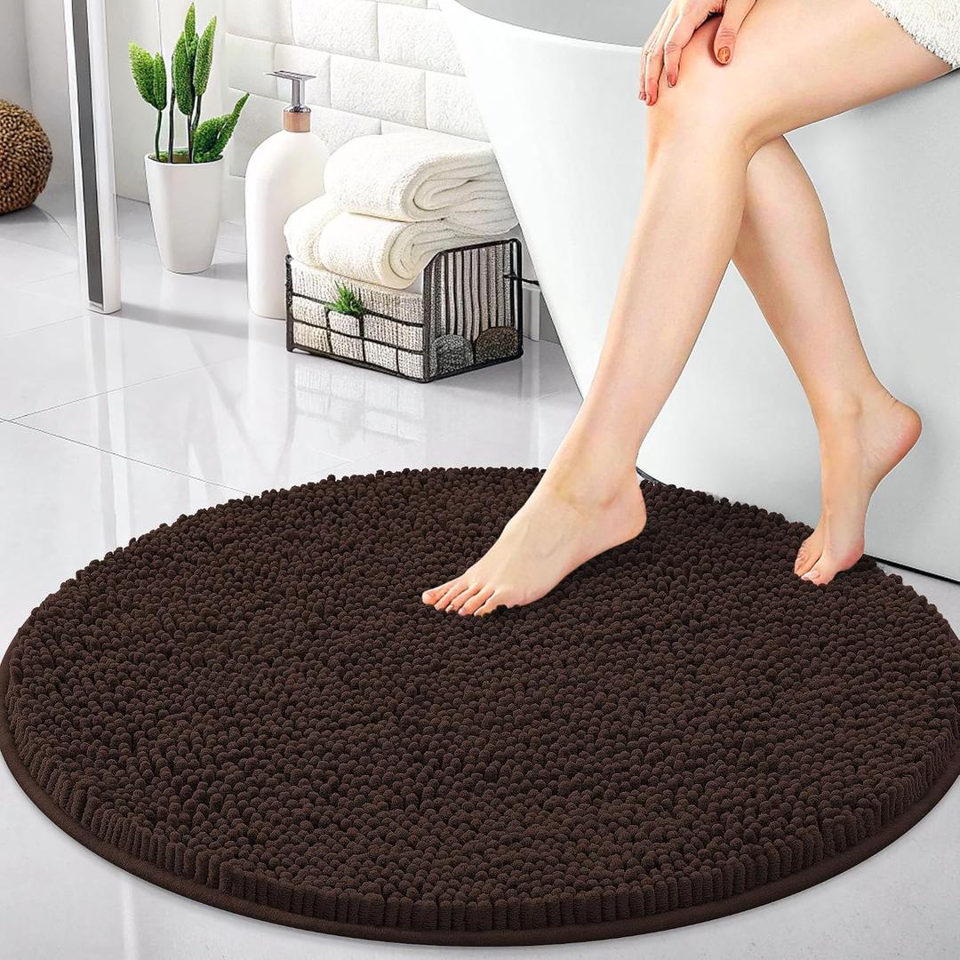 OLANLY 30-inch Round Bathroom Rugs, Extra Soft and Absorbent Chenille Bath Rugs, Quick Dry Machine Washable Bath Mats for Bathroom Floor, Tub and Shower, Home Decor Accessories, Brown