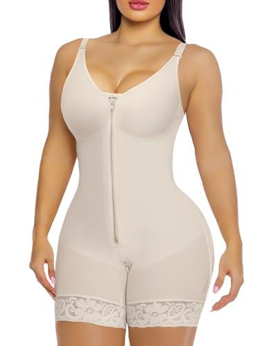 YIANNA Fajas Colombianas Moldeadoras Postpartum Full Body Shapewear for Women Tummy Control Body Shaper Butt Lifter Compression Garment with Zipper Crotch, YA7283-Beige-S