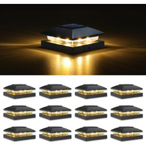 VOLISUN 4x4 Solar Post Cap Light 12pack,Solar Fence - Post Lights Outdoor Waterproof for Wooden/Vinyl Post,Black Deck Post Cap Light Solar Powered with Warm White for Garden/Patio/Porch