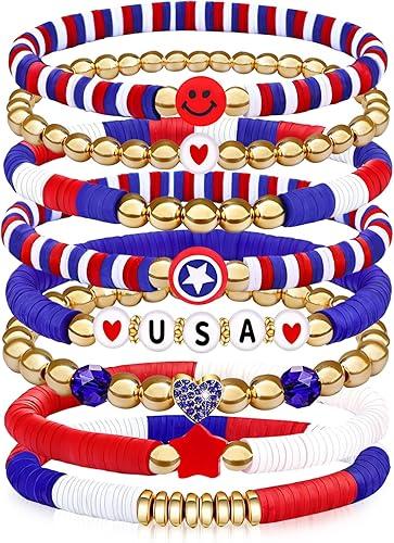 250 Anniversary USA Merchandise 4th of July Outfits for Women Men Teens Red White Blue Clay Beaded Stretch Bracelets USA Patriotic Jewelry 4th of July Accessories
