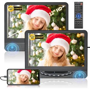 12.5" Dual Portable DVD Player for Car with 1080P HDMI Input, DESOBRY Car DVD Player Dual Screen Play A Same or Two Different Movies, 5 Hours Rechargeable Battery