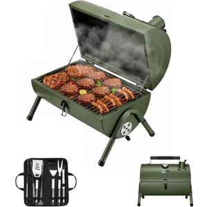 MAISON HUIS Adjustable Portable Charcoal Grill Multi-functional Metal Small BBQ Smoker with 9-Piece Stainless Steel Grill Tool Set for Outdoor Hiking Picnic (Green Kit)