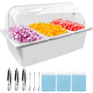 Countertop Food Serving Display Container with Clear Roll Top Cover, Catering Supplies Buffet Display, Perfect Salad Bar Buffet Station for Home and Catering Supplies, Cold Food Buffet Server(3 Pan), 21" x 13" x 13"