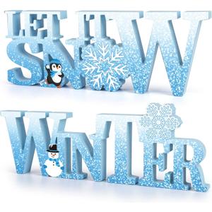 COCHIE Wooden Winter Let It Snow Sign, Snowflake Winter Decorations for Home, Office, Shelf, Mantel, Indoor, Blue White Wood Table Top Party Decor (Blue)