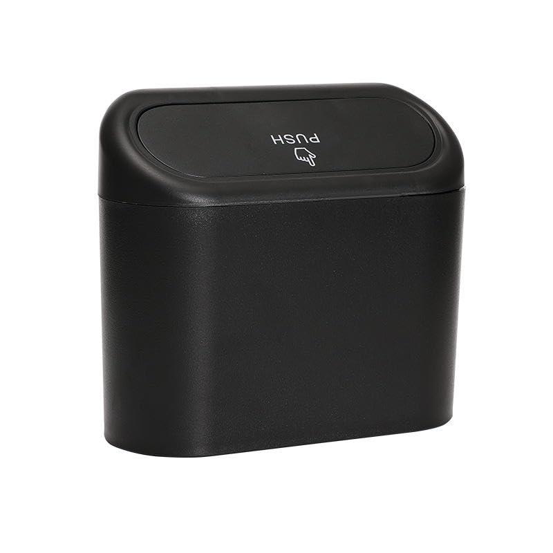 Mini Car Trash Can with Push Lid, Compact Vehicle Garbage Bin, Armrest Mount Seat Car Trash Bag Storage Box Organizers Waste Bin Trash Containers Black