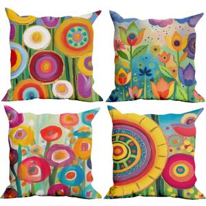 4 Pack Fashion Colorful Floral Decor 18x18 Pillow Cover, Throw Pillow Covers, Decorative Couch Pillow Covers, Abstract Flower Decor Pillowcase for Sofa Bedroom Bed Office Car Seat Living Room