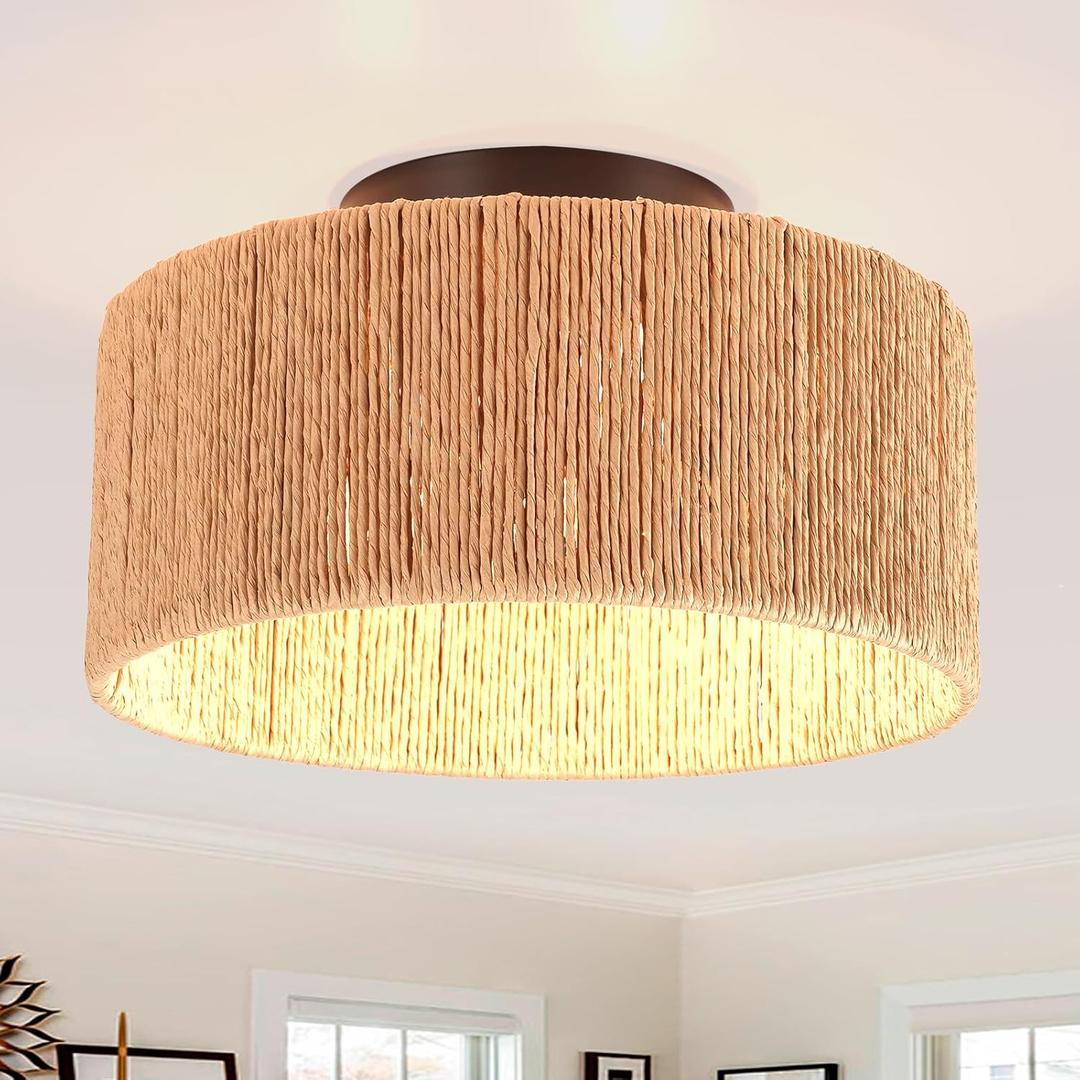 12.6" Bohemian Vintage Ceiling Light, Rattan Weave Recessed Ceiling Mounted, Jute, 3 Lights for Hallway Bedroom Kitchen Passage Farmhouse Entrance Living Room Light Fixture