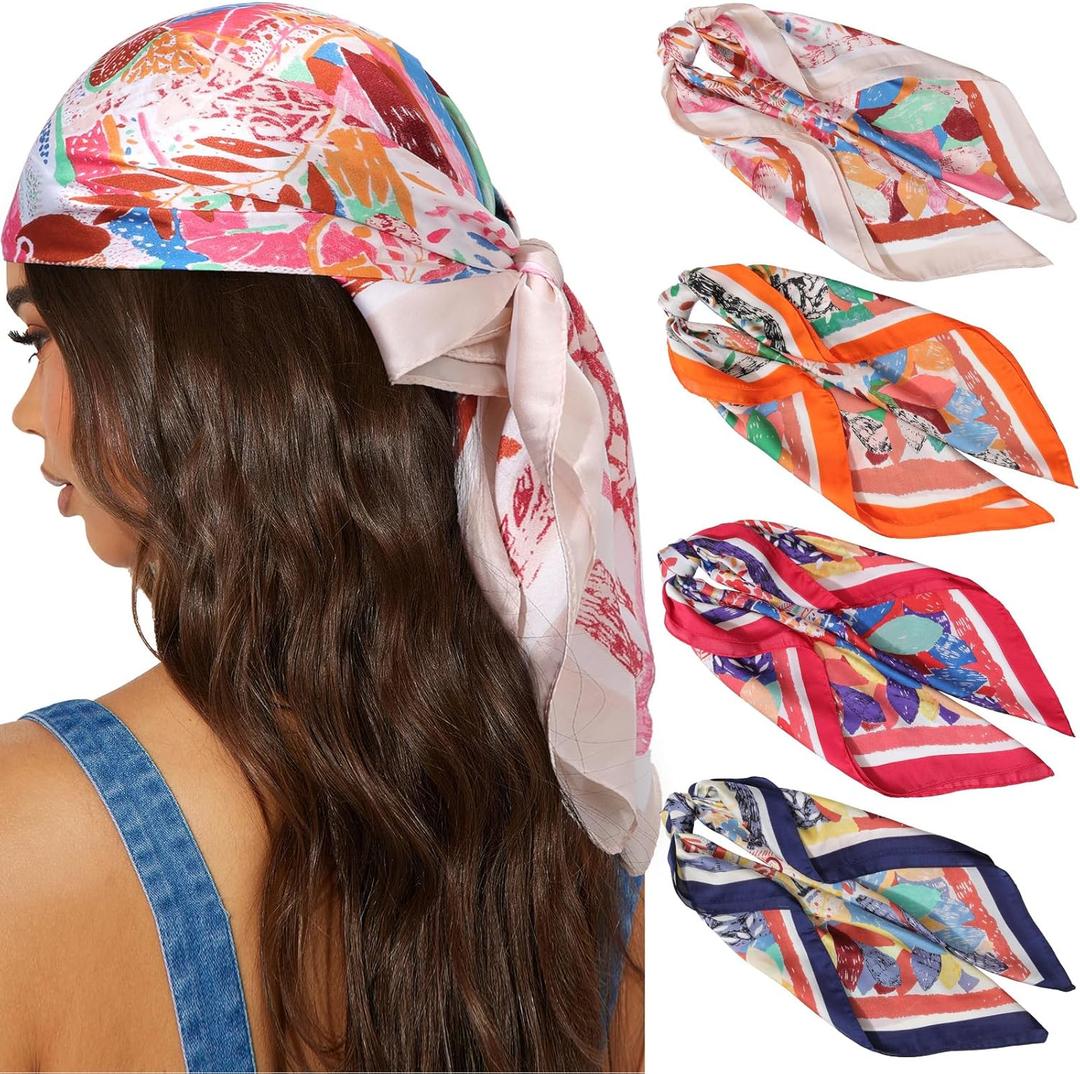 AWAYTR 27.5 Silk Satin Square Head Scarf - 4PCS Satin Head Scarves for Women Hair Kerchief Bandanas Sleeping Head Wraps (Flower(red/Orange/Navy/Khaki)) AWAYTR 27.5 Silk Satin Square Head Scarf - 4PCS Satin Head Scarves for Women Hair Kerchief Bandanas Sleeping Head Wraps (Flower(red/Orange/Navy/Khaki))