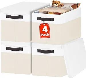 Large Nursery Closet Organizer Bins with Lids 4 Pack - 23 QT Decorative Storage Baskets for Living Room Bedroom Shelf - Stackable Storage Boxes with Lids Handles for Clothes Sweater Book Towel Purse