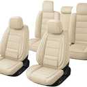 Chezope Car Faux Leather Seat Covers with Lumbar Support & Seat Cushion Ergonomic 3D Support, Custom Fit for 2002-2026 Dodge Ram 1500/2500/3500 Crew/Quad/Regular Cab Pickup (Beige-Stripes-A, Full Set)