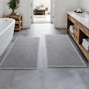 MIULEE Set of 2 Waffle Bathroom Runner Rugs, Boho Bath Rugs Non Slip Washable, Super Absorbent Bath Mats, Rubber Backed Shower Mats for Hallway Bedroom Laundry Room, Light Grey, 2'x4'(24x48 Inch)