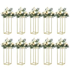 YALLOVE 10 Pack 23.75 Inch Gold Wedding Flower Stand Metal Vase Column Stand Geometric Centerpiece Vase for Home Party Wedding Decorations, Rectangular Flower Display Rack
