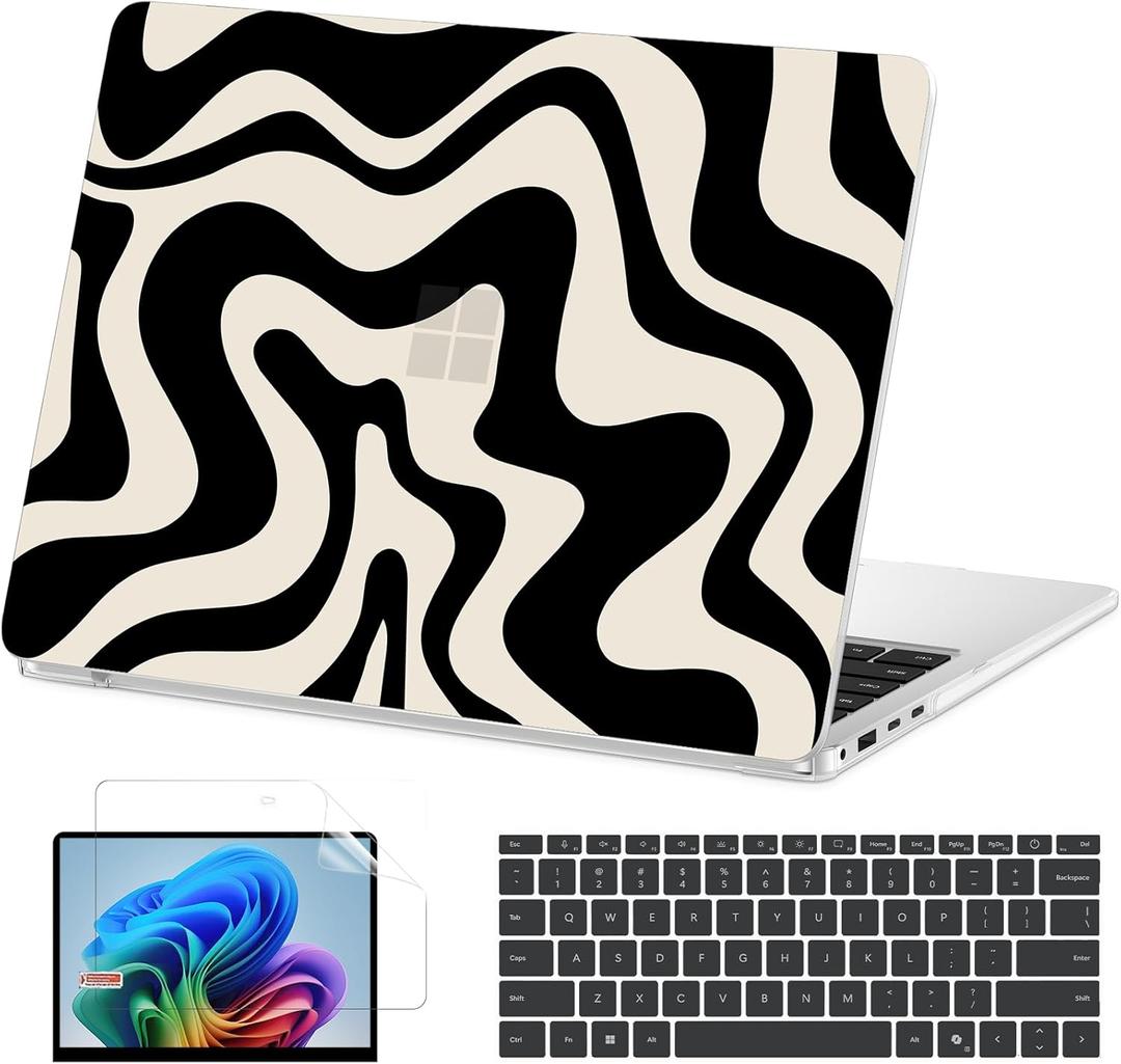 AKIT Case for Microsoft Surface Laptop 15-inch Touchscreen Copilot+ PC 2024 (7th Ed), Unique Pattern Hard Shell Case+Screen Protector+Keyboard Cover for 15 inch Surface Laptop 7 (2037), Black Wave
