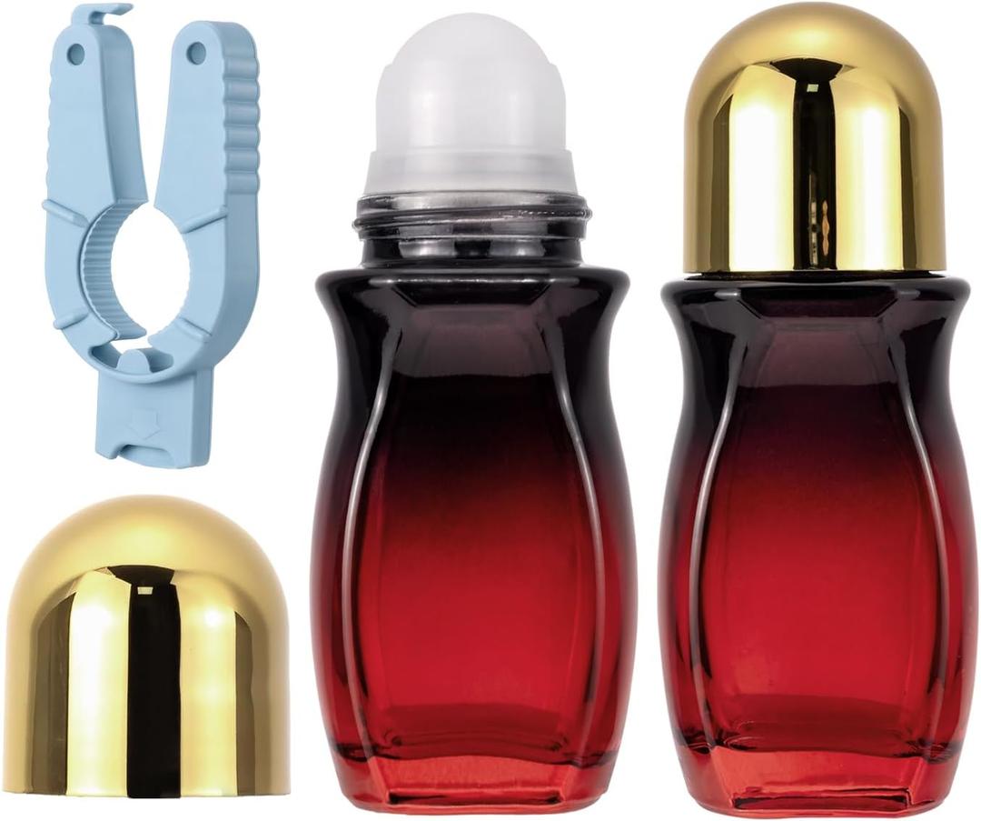 Kesell 2Pcs Glass Roller Bottles 50 ml Gradient Red Roll on Bottle with Plastic Roller Ball and Opener Empty Roller Ball Deodorant Container for Essential Oils, Perfume (Gold Lid)