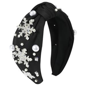 Christmas Snowflake Headbands for Women Crystal Pearl Tree Snowflake Knotted Headband Embellished Wide Twist Xmas Hairband Holiday Christmas Headpiece Outfits Accessories