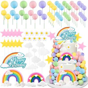81Pcs Rainbow Cake Topper Boho Birthday Cake Balls Decorations, Groovy Cake Toppers with Rainbow Flowers Balls for Girls Birthday Party Decorations