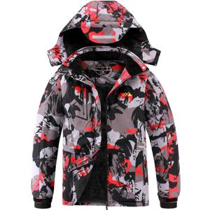 Kid's Ski Jacket Winter Waterproof Coat girls boys Fleece Snowboarding Jackets with Detachable Hood (14-16, Red Camo)