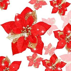 24 Pieces Christmas Glitter Flowers Poinsettia Artificial Xmas Flowers Wedding Christmas Tree New Year Ornaments (Red)