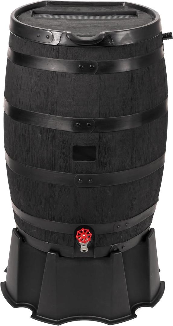 RTS Home Accents Premium 55-Gallon Eco Rain Barrel with Removable Lid, Flat Back Rain Water Collection Barrel, Made with 100% Recycled Plastic, Stand Included, Black