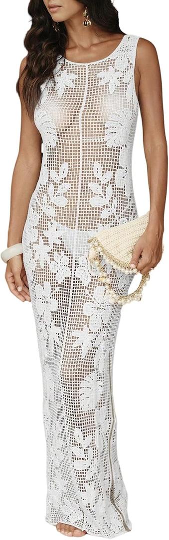 WDIRARA Women's Floral Crochet Sheer Cover Up Maxi Beach Dress Hollow Out Sleeveless Coverups (White, M)