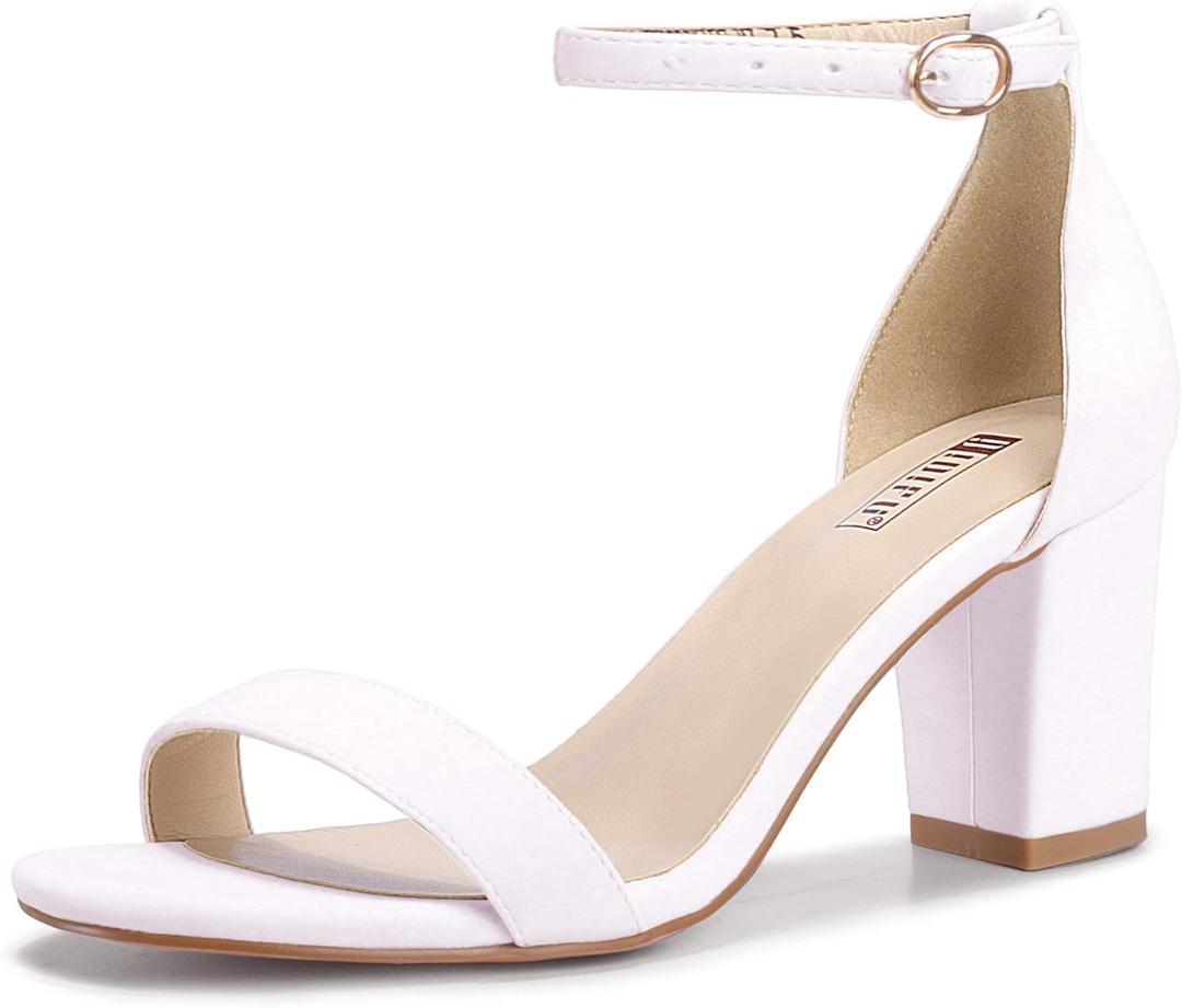 IDIFU White Heels for Women Cookie-MI Block Heels 3 Inch Sandals Chunky Open Toe Heel Wedding Homecoming Dress Shoes for Women Brides Ladies(White Pu, 9 B(M) US)
