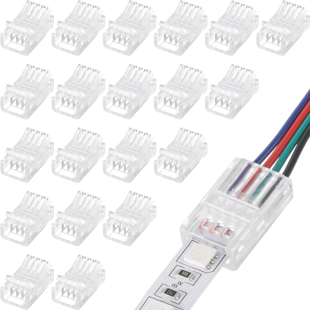 Flutesan RGB LED Light Strip Connectors 20 Waterproof LED Adapter Connectors Transparent Solderless LED Light Strip Connectors for Strip Light Unwired Gapless Track Connector 5V 12V 24V (4 Pin, 10 mm)