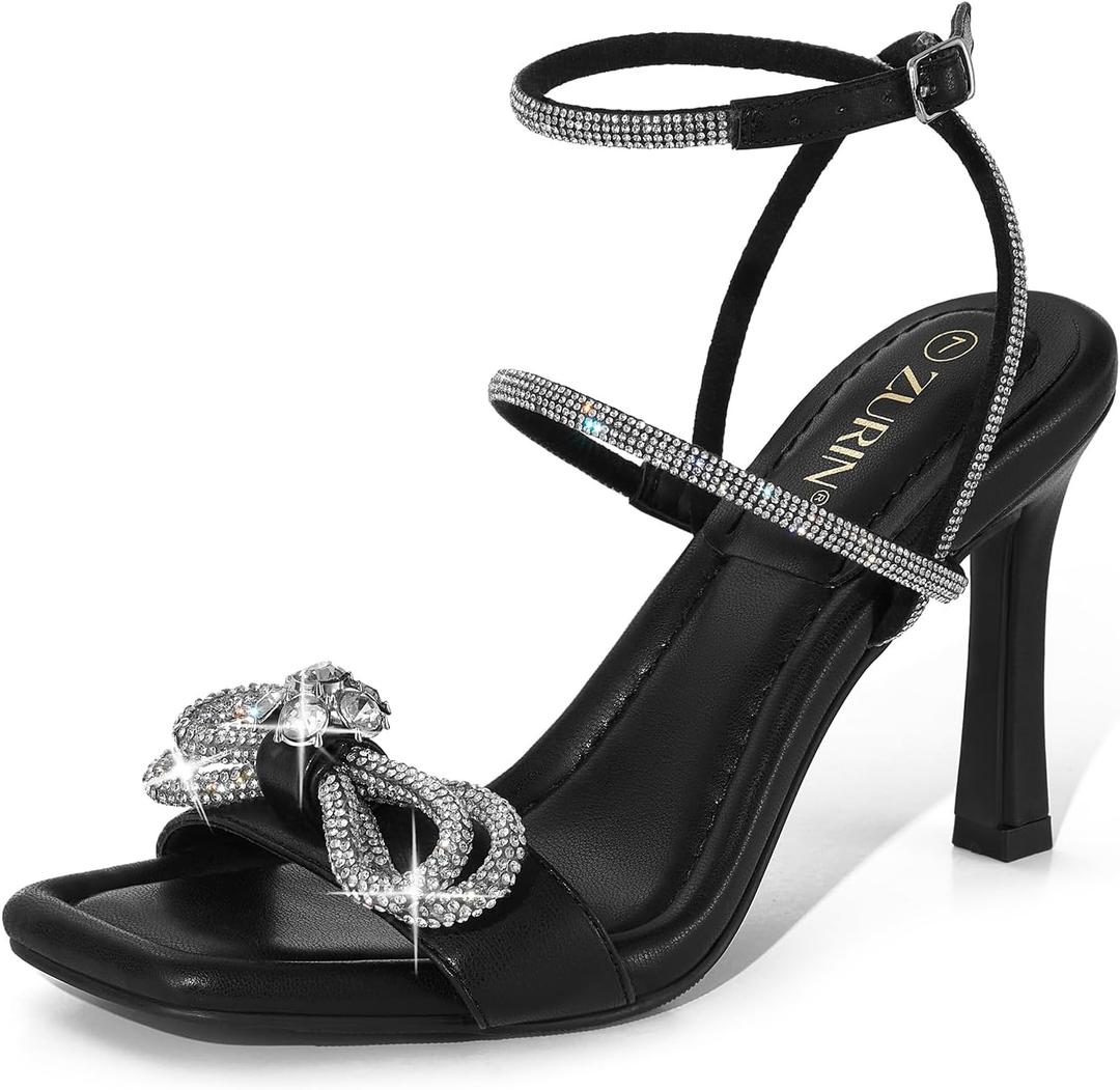ZURIN Women's Rhinestone Bow Heels Square Toe Strappy Heeled Sandals Sparkle Stiletto High Heels Dress Party Evening Prom Crystal Shoes, Size: 11