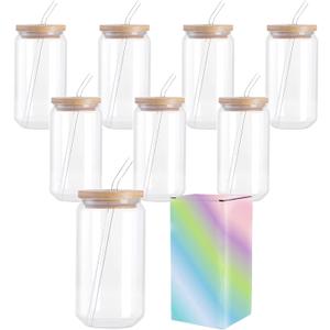 Sublimation Glass Blanks With Bamboo Lid, Frosted Tumbler 16OZ Beer Can Cups With Straws 8Pack