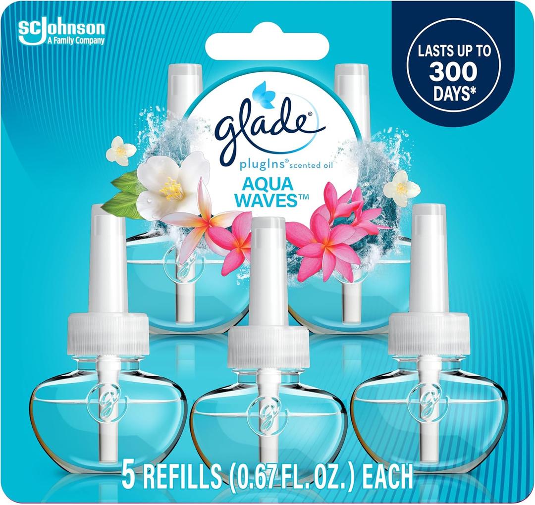 Glade PlugIns Refills Air Freshener, Scented and Essential Oils for Home and Bathroom, Aqua Waves, 3.35 Fl Oz, 5 Count (0.67 Fl Oz (Pack of 5))