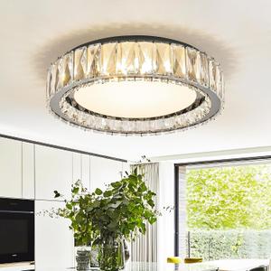 Crystal Dimmable Flush Mount Ceiling Light, Black Modern LED Close to Ceiling Light Fixture with 5CCT 2700K-6000K, Round kitchen Lighting for Bedroom, Laundry Room, Hallway, Living room (15in 36W)