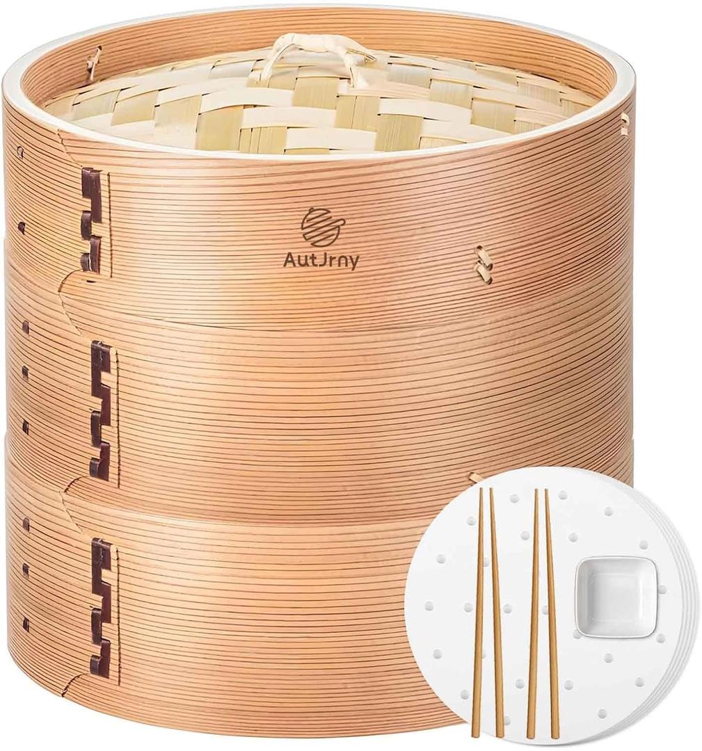 Cedar Steamer Basket 10 Inch | Extra-Deep 2 Tier Bamboo Steamer for Cooking | 50 Liners, 2 Chopsticks, Sauce Dish | Steaming Asian Food, Bao Buns, Dim Sum, Dumpling, Rice, Vegetable Steam Pot