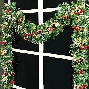 ATDAWN 9 Foot Christmas Lighted Garland, Battery Operated Christmas Garland with Lights, Garland Wreath with Pine Cones for Indoor Home Winter Holiday New Year Xmas Decorations