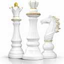 Large Chess Pieces Decor with Knight, King and Queen, Vintage Gold Chess Decor for Living Room, Bookshelves and Office Cabinets (White)