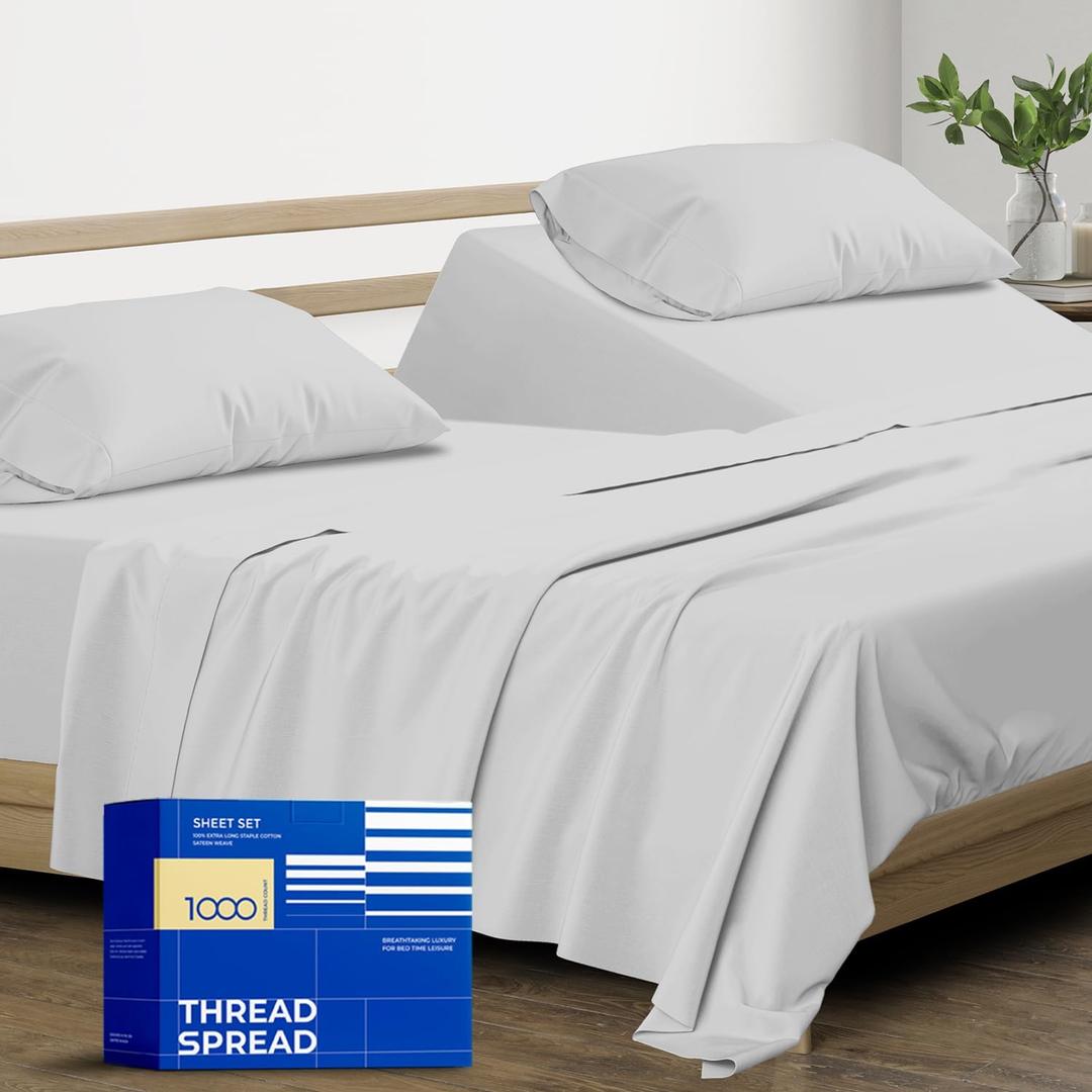 THREAD SPREAD 100% Pure Egyptian Cotton Split King Sheets Sets for Adjustable Bed - 1000 Thread Count 5 PC Top Split King Sheet for Sleep Number Bed, 16" Deep Pocket Soft Cooling Luxury Sheet - Silver (Split King Sheet Set, Silver)