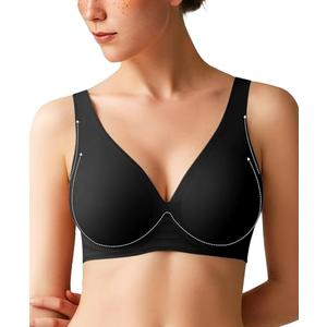 Jelly Bra Comfortable Bras for Women Wireless Push Up Bra Seamless Comfy No Underwire Supportive Bralettes Deep V Tshirt Bras Black M