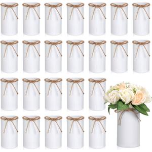 Rustic Vase for Table Centerpieces 5.91 Inch Flower High Vase with Twine Bow Vintage Farmhouse Decor for Wedding Reception Dining Baby Shower Home Galvanized Metal Buckets(White,24 Pcs)