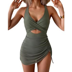 B2prity Women Mesh One Piece Swimdress Swimsuit Tummy Control V Neck Cutout Bathing Suit Wrap Drawstring Sarong Swimwear Size XL Army Green