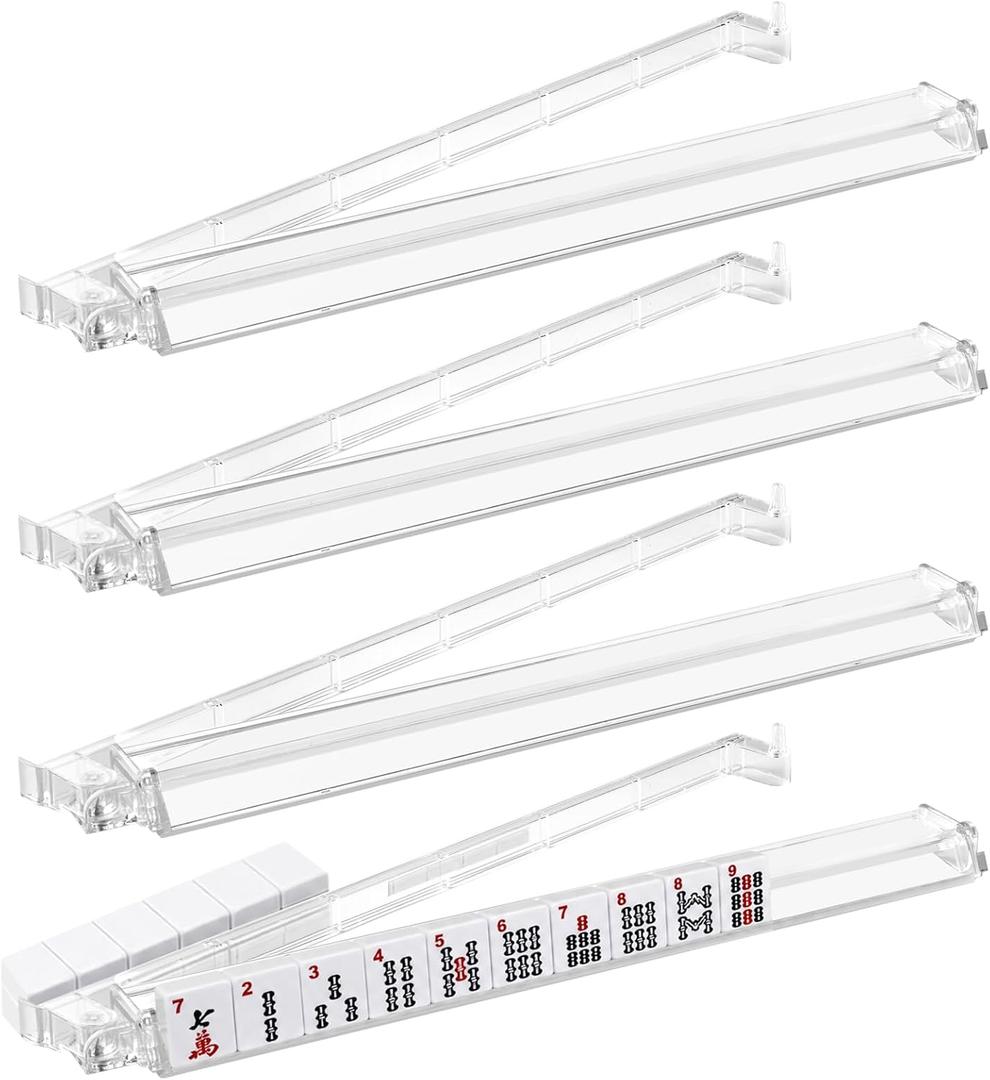 Clear Acrylic Mahjong Racks with Pushers, 4-Pack All-in-One Tile Rack and Pusher Set, Non-Slip American Mahjong Accessories for Modern Tiles, Transparent Gift-Ready for Adults & Family Game Night