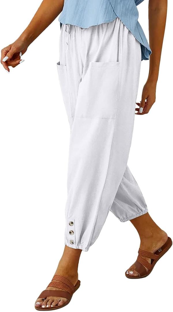 Cotton Casual Capri for Women Elastic High Waisted Loose Lantern Tapered Harem Pants with Pockets (White, M)