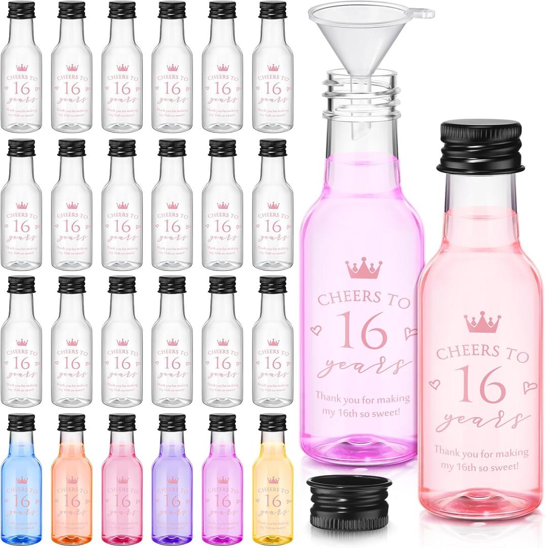Boao 25 Pcs Sweet 16th Birthday Party Favors for Guests Include 50 Cheers to 16 Years 1.7oz Mini Liquor Bottles Airtight Plastic Alcohol Shot Bottles with Funnels for 16th Birthday Party Supplies