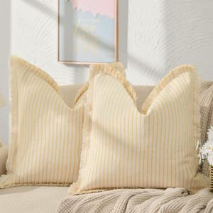 ZWJD Throw Pillow Covers 20x20 Set of 2 Striped Pillow Covers with Fringe Chic Cotton Decorative Pillows Square Cushion Covers for Sofa Couch Bed Living Room Farmhouse Decor (20" x 20" (Pack of 2), Yellow)