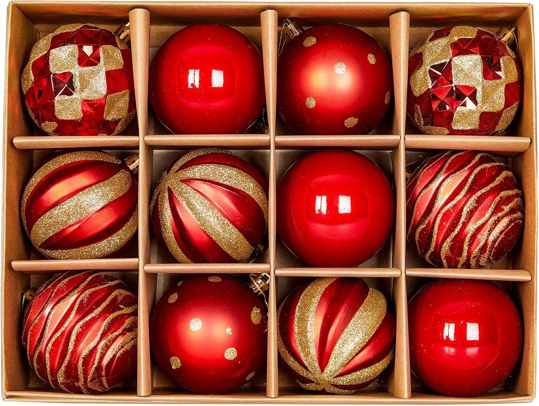 12ct 80mm/3.15" Christmas Ball Ornaments, Decorative Hanging Baubles, Christmas Tree Decoration, Plastic and Shatterproof, Ideal for Xmas, Holiday, Home and Party Decor, Red