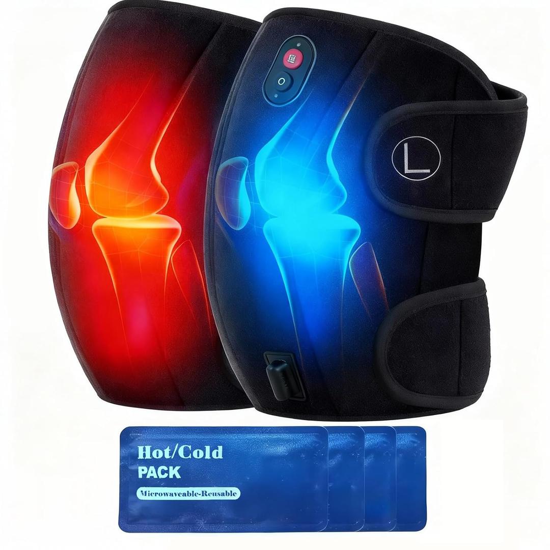 CooCoCo FSA Eligible HSA Knee Massager with Heat, Knee Pain Relief, Knee Heating Pad, Electric Heated Knee Brace with 2 Heating Levels, 5 Vibration Modes, 4pcs 5''x9'' Cold Packs (Black)