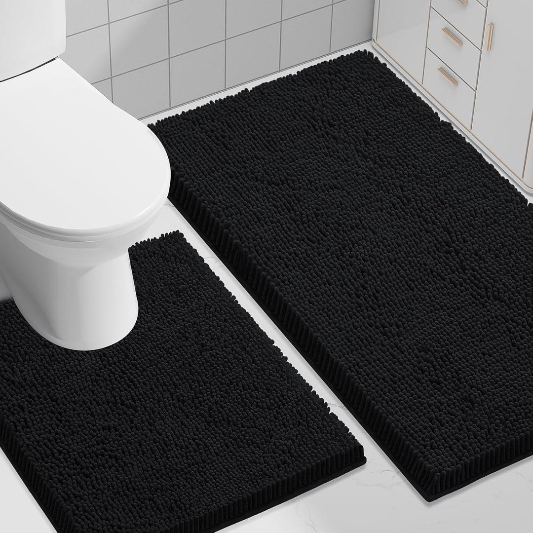 Smiry Bathroom Rugs Set 2 Piece, Soft Absorbent Chenille Bath Mat and U-Shaped Toilet Rug Set, Non Slip Shaggy Bath Carpet for Tub, Shower and Floor (30x20+24x20, Black)