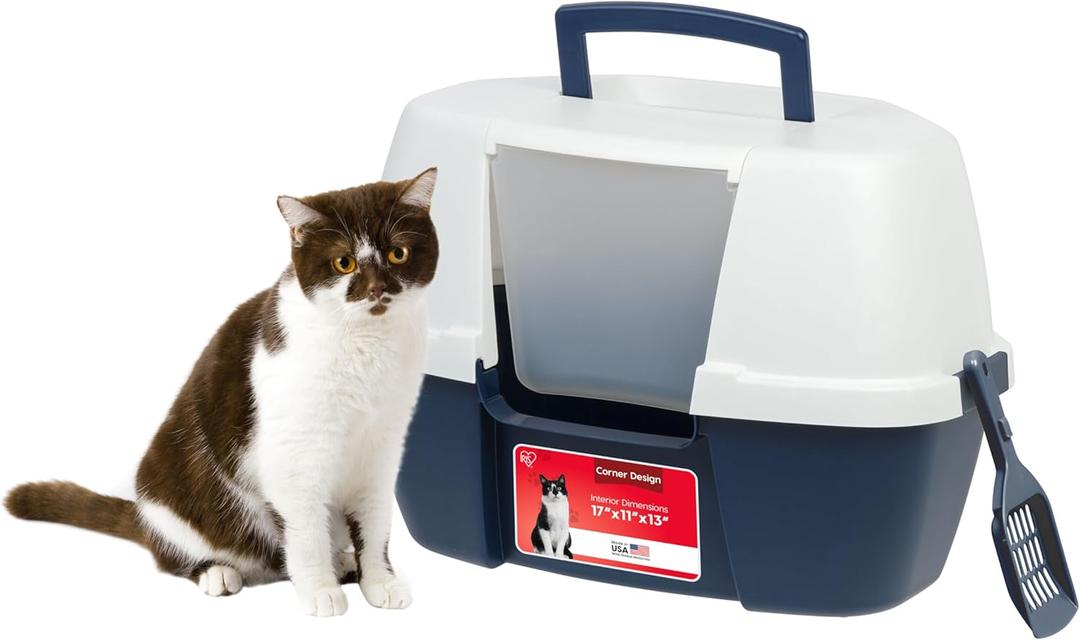 IRIS USA Corner Cat Litter Box Enclosure with Scoop, Small Cat Litter Box with Lid, Corner Litter Box Enclosure for Kittens to Medium Sized Cats, Odor Defensive Hooded Litter Tray, Navy/White