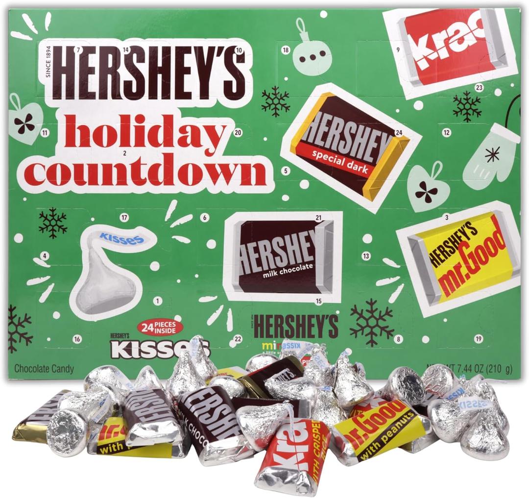 Hershey's Holiday Countdown, Milk Chocolate Kisses and Miniatures Candy Bars Inside, Christmas Advent Calendar Activity, 7.44 Ounces