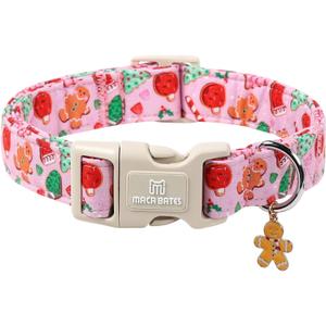 Maca Bates Christmas Pink Basic Dog Collar for Extra Large Girl Boy Dogs with Cute Gingerbread Man Charm Soft Adjustable Durable Collars,Winter Gift for Female Male Puppy with Safety Plastic Buckle