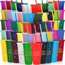 Honeydak 50 Pcs 24oz Christmas Cup Tumbler with Straw and Lid, Bulk Christmas Gifts, Holiday Reusable Plastic Cups, Water Bottle, Iced Coffee Travel Mug Cup for Party (Xmas Words and Patterns)