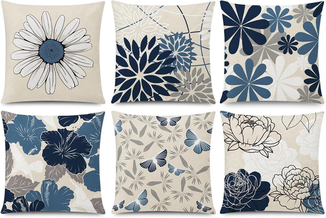 COMMINY Blue White Pillow Covers 16x16 Set of 6, Daisy Dahlia Throw Pillow Cover, Beige Pillowcase, Modern Couch Pillow Cover for Sofa Living Room Farmhouse Home Decor